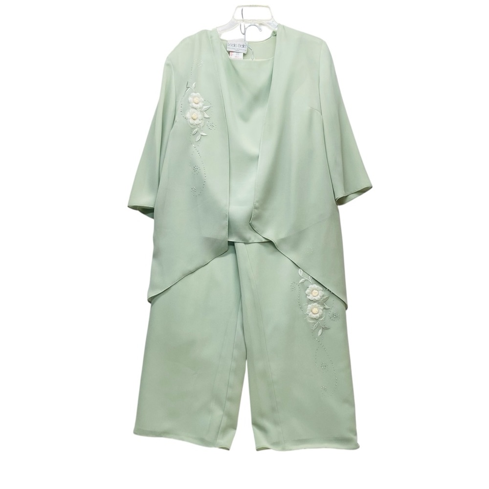Vintage Leslie Belle 3Piece Green Pant Suit Size 16P Floral Embroidered Accents
